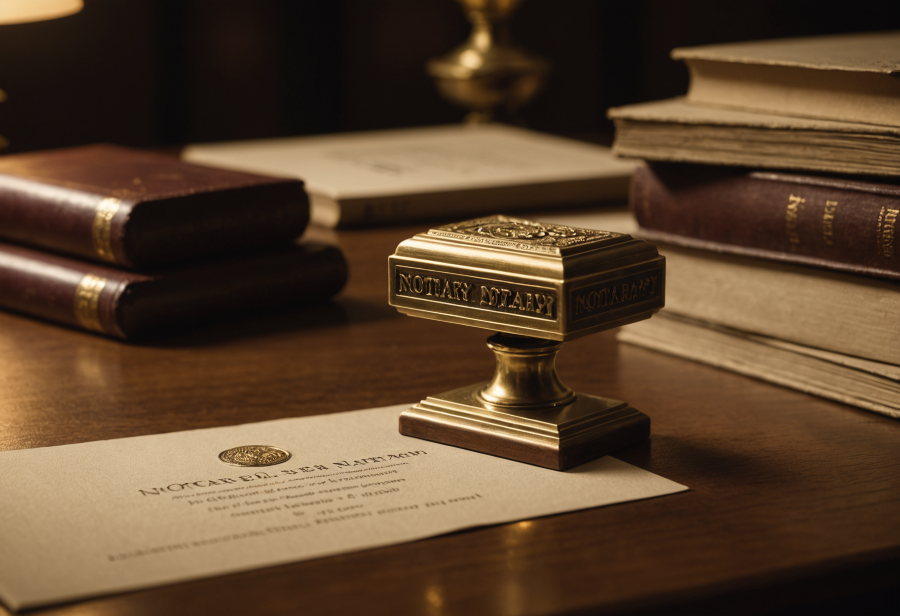 Notary stamp and official documents on a wooden desk under warm lamp light