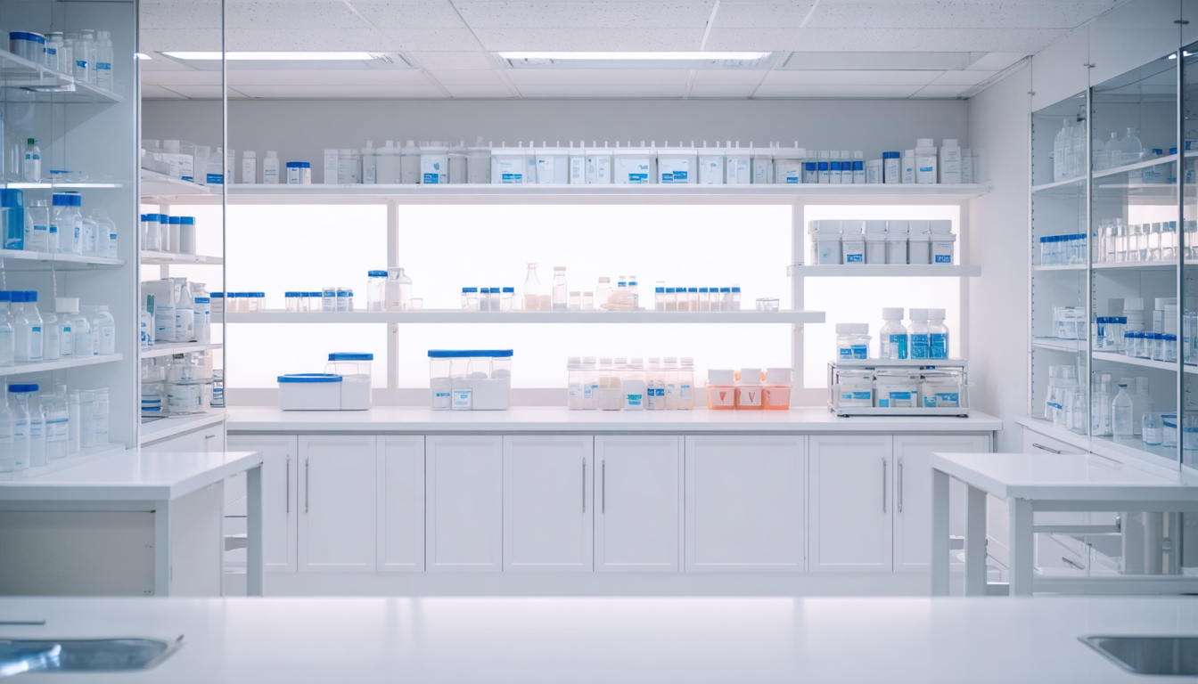 Clean clinical workspace with organized health supplies and warm neutral tones