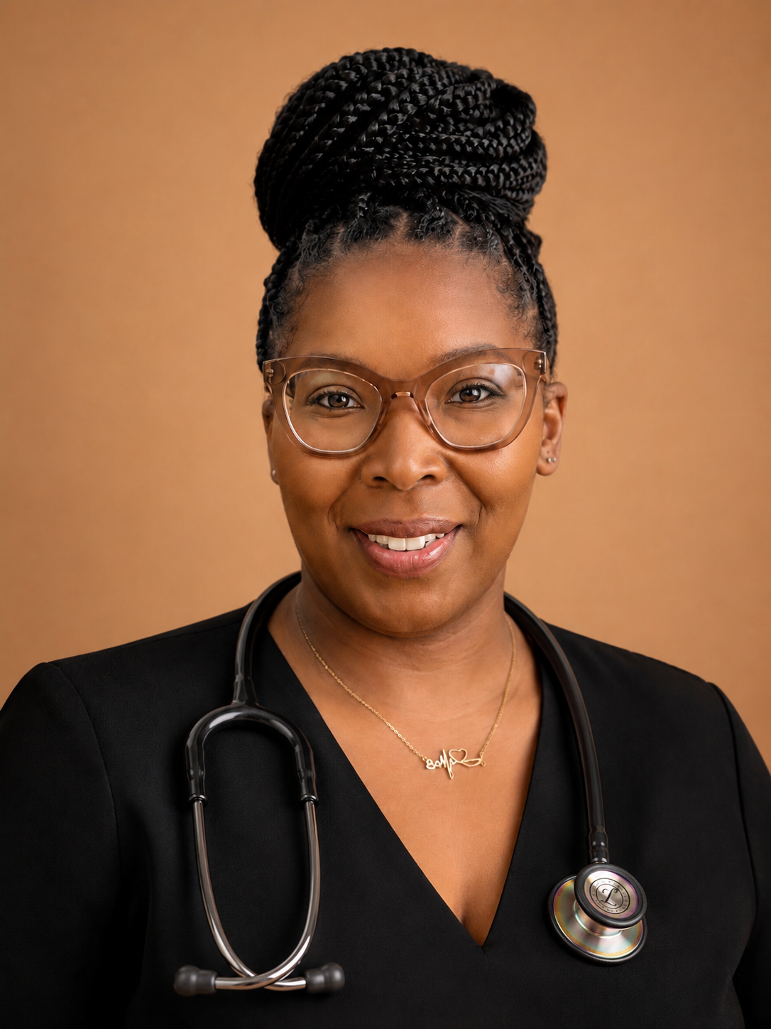 Conya Postell, RN — Founder of Flourishing Health Collective, wearing black scrubs with a stethoscope